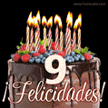 Feliz 9 cumpleaños pastel de chocolate. Imagen (GIF) con pastel y saludo.