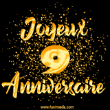 GIF animé joyeux anniversaire pour 9 ans avec des lettres dorées scintillantes et le chiffre 9 entouré de confettis dorés sur un fond noir.