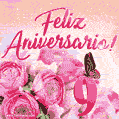 Lindas rosas e borboletas - 9 anos de feliz aniversário GIF