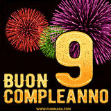 Animazione di fuochi d'artificio colorati con il numero 9 in oro brillante e la scritta 'Buon Compleanno' su uno sfondo nero festivo ed elegante.