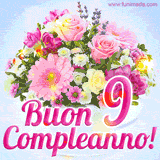 Bouquet animato con rose rosa, margherite e altri fiori colorati, con il numero 9 e la scritta 'Buon Compleanno!' in stile elegante e luminoso.