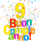 Animazione con il numero 9 in giallo e scritte multicolore 'Buon Compleanno!', accompagnate da una pioggia di stelle e coriandoli colorati.