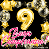 Animazione con palloncini dorati a forma del numero 9, circondati da decorazioni scintillanti e la scritta 'Buon Compleanno!' in caratteri rosa accattivanti.