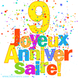 GIF animé pour un 9e anniversaire avec le chiffre 9 en couleurs vives, le texte 'Joyeux Anniversaire!' et une explosion de confettis multicolores.