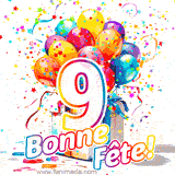 GIF pour un 9e anniversaire avec un grand chiffre 9, des ballons multicolores, des confettis et des rubans, accompagné du texte 'Bonne Fête!' sur un fond festif.