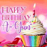 A vibrant birthday GIF featuring a rainbow-colored cupcake topped with white frosting, sprinkles, and a lit candle. The text reads 'Happy Birthday A-Gun' in bold pink and violet letters with white outline.