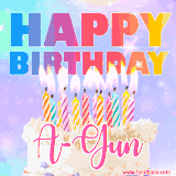 A vibrant animated name GIF with the words 'Happy Birthday A-Gun' with colorful candles on a creamy cake. The background sparkles with pastel shades, adding a festive touch.
