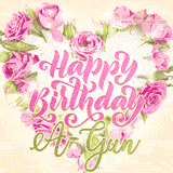 A stunning heart made of pink roses surrounds the elegant script text 'Happy Birthday A-Gun' on a soft beige background. Animated sparkles add a magical and festive feel.