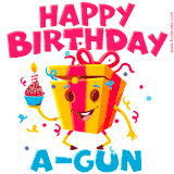 A vibrant and funny gift box character with a happy face dancing with a cupcake and the text 'Happy Birthday A-Gun,' surrounded by animated confetti and party vibes.
