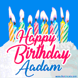 A cheerful animated GIF featuring colorful lit birthday candles on a white cake, with the text 'Happy Birthday Aadam' in bold red and blue script on a bright blue background.
