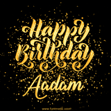 Animated GIF with colorful, festive 'Happy Birthday Aadam' text decorated with patterns, a party hat, and falling confetti. A vibrant and cheerful design for birthday celebrations.