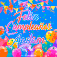A vibrant animated GIF with 'Feliz Cumpleaños Aadam' written in colorful script, surrounded by balloons, confetti, and bunting on a bright blue background.