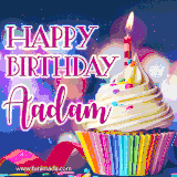 A festive animated GIF featuring a colorful cupcake with a single lit candle, sprinkles, and 'Happy Birthday Aadam' text against a sparkling, celebratory background.