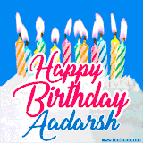 A cheerful animated GIF featuring colorful lit birthday candles on a white cake, with the text 'Happy Birthday Aadarsh' in bold red and blue script on a bright blue background.