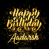 Animated GIF with colorful, festive 'Happy Birthday Aadarsh' text decorated with patterns, a party hat, and falling confetti. A vibrant and cheerful design for birthday celebrations.