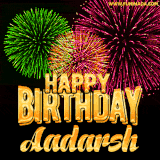 A captivating GIF with bursts of green, pink, and orange fireworks lighting up the night sky, accompanied by 'Happy Birthday Aadarsh' in glowing golden text.