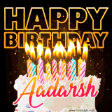 A vibrant animated GIF featuring a delicious birthday cake topped with glowing candles and the name 'Aadarsh' in elegant script, and the words 'Happy Birthday' on the black background.