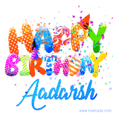 Animated GIF with colorful, festive 'Happy Birthday Aadarsh' text decorated with patterns, a party hat, and falling confetti. A vibrant and cheerful design for birthday celebrations.