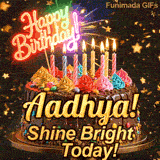 Happy Birthday Aadhya animated GIF showing a chocolate drip cake with a glowing pink neon sign and lit candles.
