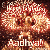 Happy Birthday Aadhya animated GIF displaying a red gift box with a golden ribbon and shiny metallic balloons.