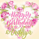 A stunning heart made of pink roses surrounds the elegant script text 'Happy Birthday Aadhya' on a soft beige background. Animated sparkles add a magical and festive feel.