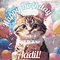 Happy birthday gif for Aadil with cat and cake