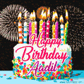 Amazing Animated GIF Image for Aadil with Birthday Cake and Fireworks
