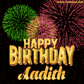 Wishing You A Happy Birthday, Aadith! Best fireworks GIF animated greeting card.