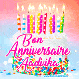 A white birthday cake covered in colorful sprinkles, topped with bright candles, and French text 'Bon Anniversaire Aadvika' on a pastel gradient background in an animated GIF.