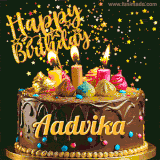 A delightful chocolate birthday cake with bright candles and 'Happy Birthday Aadvika' written in gold amidst a shower of animated stars.