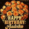 Animated bouquet of orange roses with moving butterfles and golden 'Happy Birthday Aadvika' text, surrounded by sparkling accents and a dark backdrop for a luxurious feel.