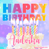 A vibrant animated name GIF with the words 'Happy Birthday Aadvika' with colorful candles on a creamy cake. The background sparkles with pastel shades, adding a festive touch.