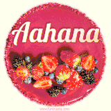 Beautifully decorated red velvet berry birthday cake with vibrant fruits and a glowing 'Aahana' name, adding a touch of sweetness and sparkle.