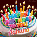 A colorful birthday cake topped with lit candles, with the words 'Happy Birthday Aahana' in bold glowing letters on a burgundy background. Animated flames add a festive touch.