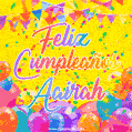 A bright and festive GIF with the text 'Feliz Cumpleaños Aairah' in Spanish in colorful fonts, surrounded by confetti, balloons, and festive banners on a vibrant yellow background.