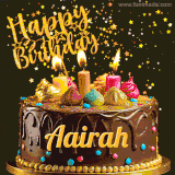 A delightful chocolate birthday cake with bright candles and 'Happy Birthday Aairah' written in gold amidst a shower of animated stars.