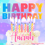 A vibrant animated name GIF with the words 'Happy Birthday Aairah' with colorful candles on a creamy cake. The background sparkles with pastel shades, adding a festive touch.