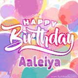 A vibrant name GIF featuring colorful balloons in shades of pink, orange, and yellow with the bold text 'Happy Birthday Aaleiya' in festive fonts, creating a lively birthday vibe.