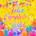 A bright and festive GIF with the text 'Feliz Cumpleaños Aalia' in Spanish in colorful fonts, surrounded by confetti, balloons, and festive banners on a vibrant yellow background.