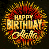 Golden 'Happy Birthday Aalia' text accompanied by animated rainbow fireworks for a festive animated greeting.