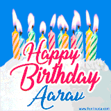 A cheerful animated GIF featuring colorful lit birthday candles on a white cake, with the text 'Happy Birthday Aarav' in bold red and blue script on a bright blue background.