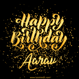 Animated GIF with colorful, festive 'Happy Birthday Aarav' text decorated with patterns, a party hat, and falling confetti. A vibrant and cheerful design for birthday celebrations.