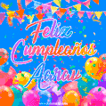 A vibrant animated GIF with 'Feliz Cumpleaños Aarav' written in colorful script, surrounded by balloons, confetti, and bunting on a bright blue background.