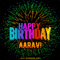 A colorful animated GIF featuring the text 'Happy Birthday Aarav!' in rainbow colors with a dynamic iridescent firework display in the background.