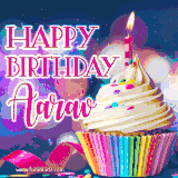 A festive animated GIF featuring a colorful cupcake with a single lit candle, sprinkles, and 'Happy Birthday Aarav' text against a sparkling, celebratory background.