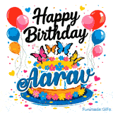 A gourmet birthday cake with colorful blossoms and butterfly toppers on a blue pedestal, custom-made for Aarav.