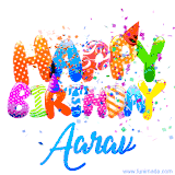 Animated GIF with colorful, festive 'Happy Birthday Aarav' text decorated with patterns, a party hat, and falling confetti. A vibrant and cheerful design for birthday celebrations.