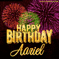 Wishing You A Happy Birthday, Aariel! Best fireworks GIF animated greeting card.