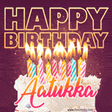 A colorful birthday cake topped with lit candles, with the words 'Happy Birthday Aatukka' in bold glowing letters on a burgundy background. Animated flames add a festive touch.