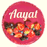 Beautifully decorated red velvet berry birthday cake with vibrant fruits and a glowing 'Aayat' name, adding a touch of sweetness and sparkle.